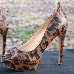 Black and Brown Leopard Cow Hair Print Heels Platf
